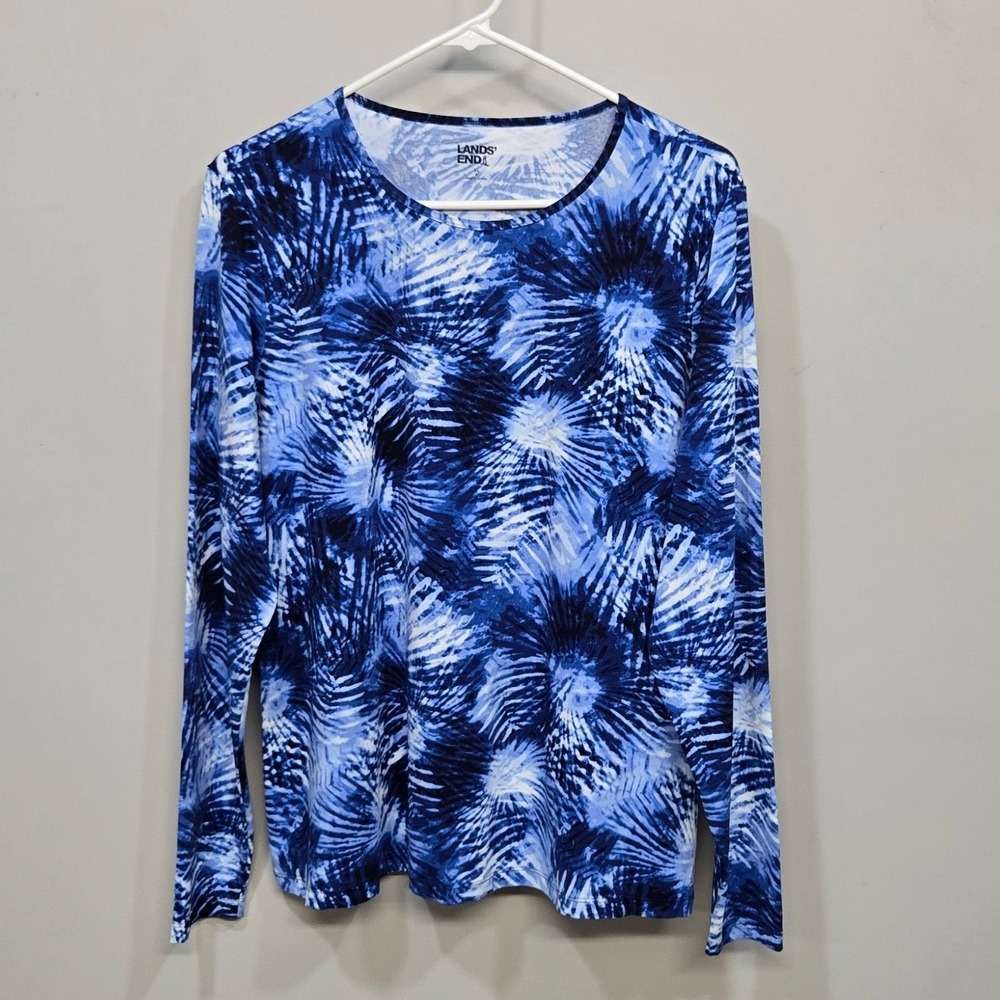 Lands End SunShade UPF 50 Rash Guard XL Blue Palm Print Long Sleeve Swim Top